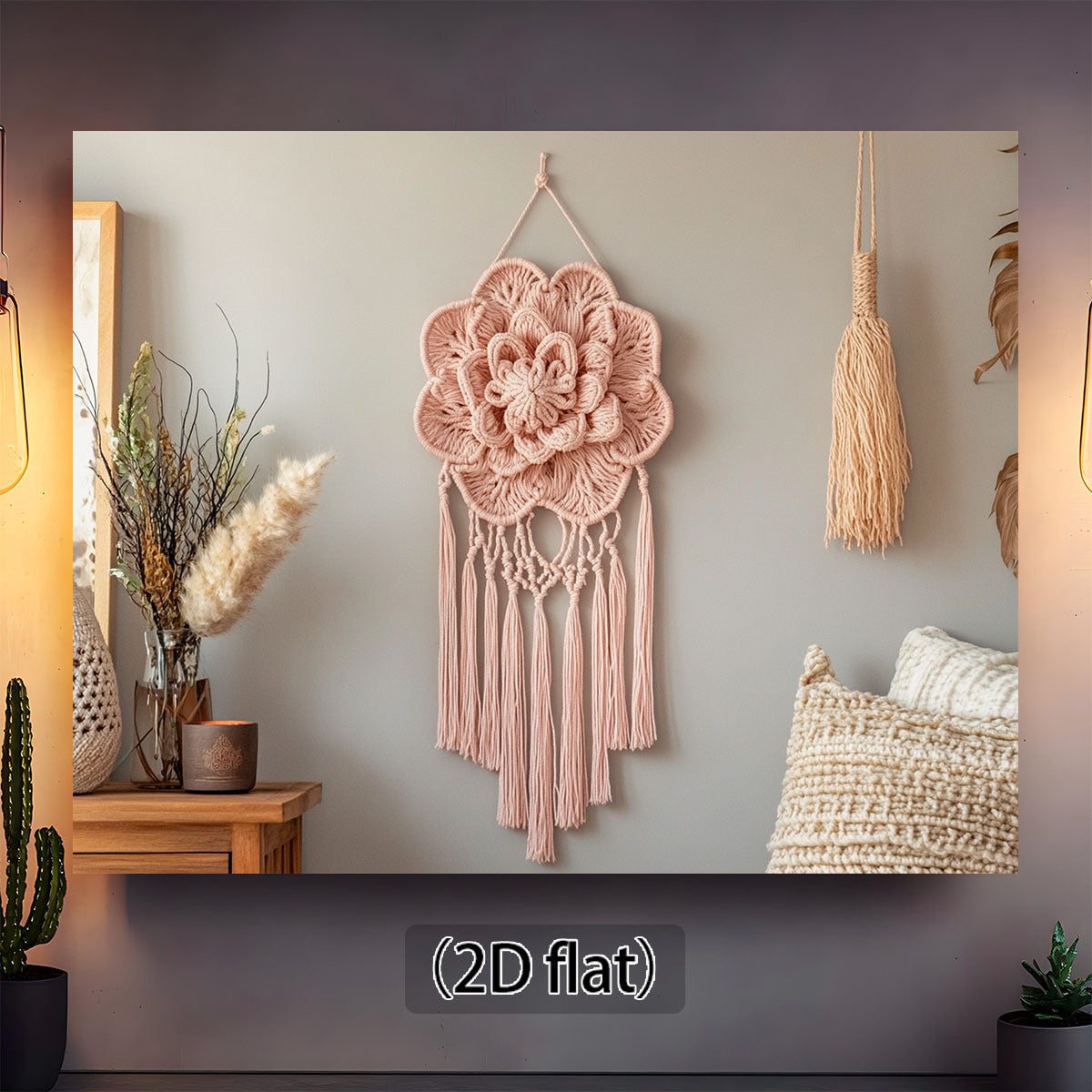 A Bohemian Style Floral Macron Wall Hanging,Comes with a wooden base and cushion - Pink tassel decoration,Suitable for Families、Office or photography backdrop,No Electricity Required,Multi-Purpose,Suitable for All Occasions,Home Decorations | Bohemian Sty