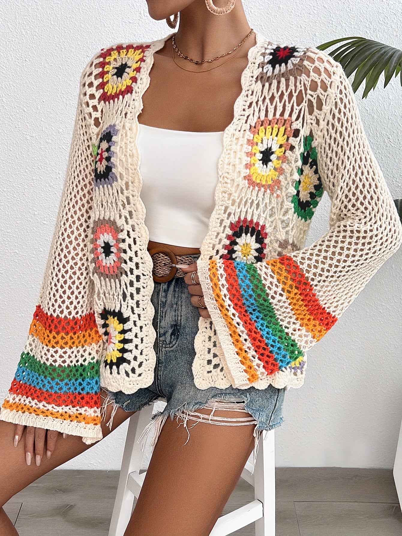 Crochet Open Front Cardigan, Casual Long Sleeve Hollow Out Cardigan For Spring & Fall, Women's Clothing