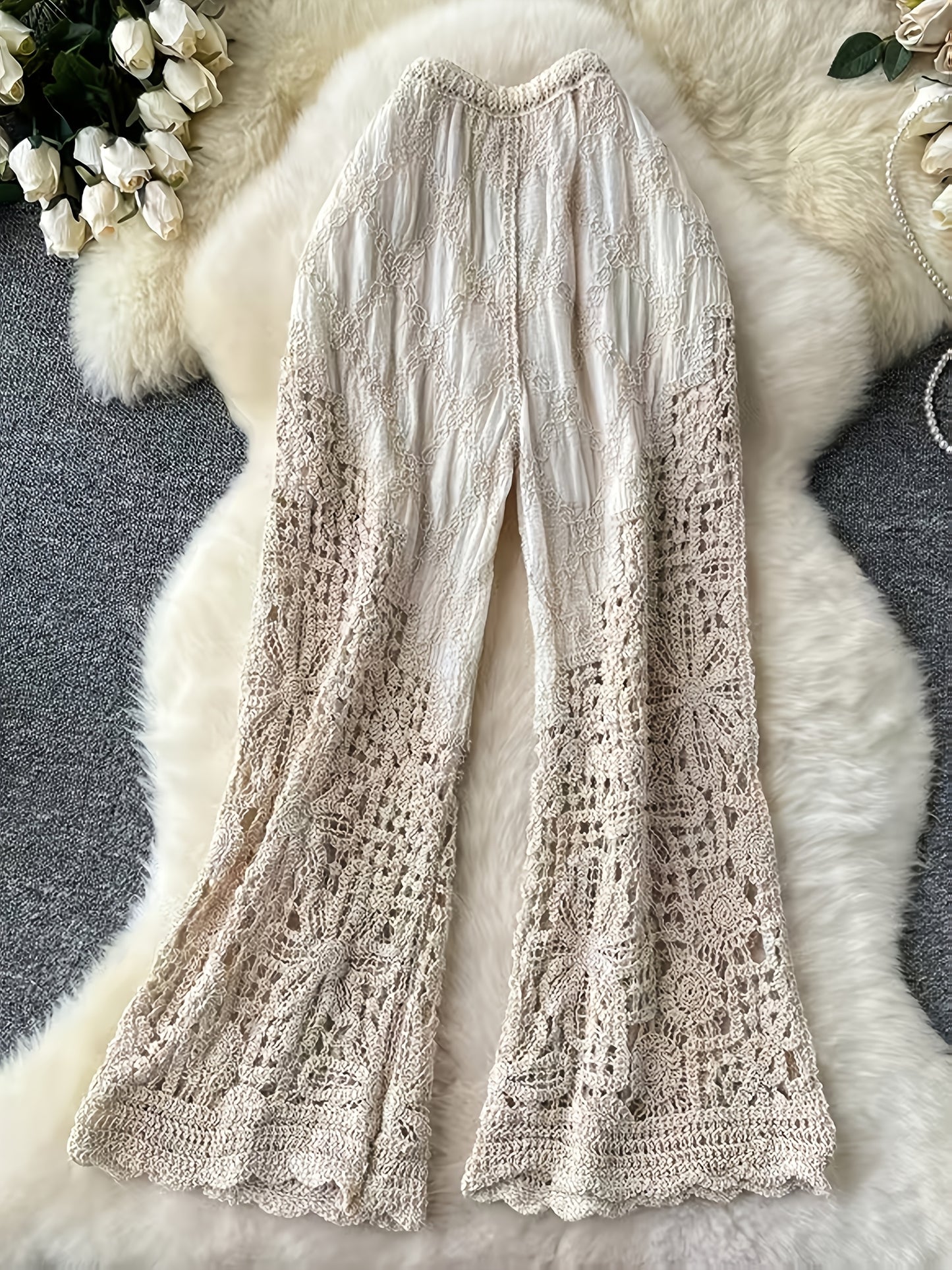 Women's Bohemian High-Waisted Wide-Leg Beach Pants - Crochet Lace Cut-Out Details, Semi-Sheer Lightweight Swimwear Cover-Up, Crochet-Style Design for Summer Poolside & Casual Outfits, Coverup Clothing, Intricate Openwork