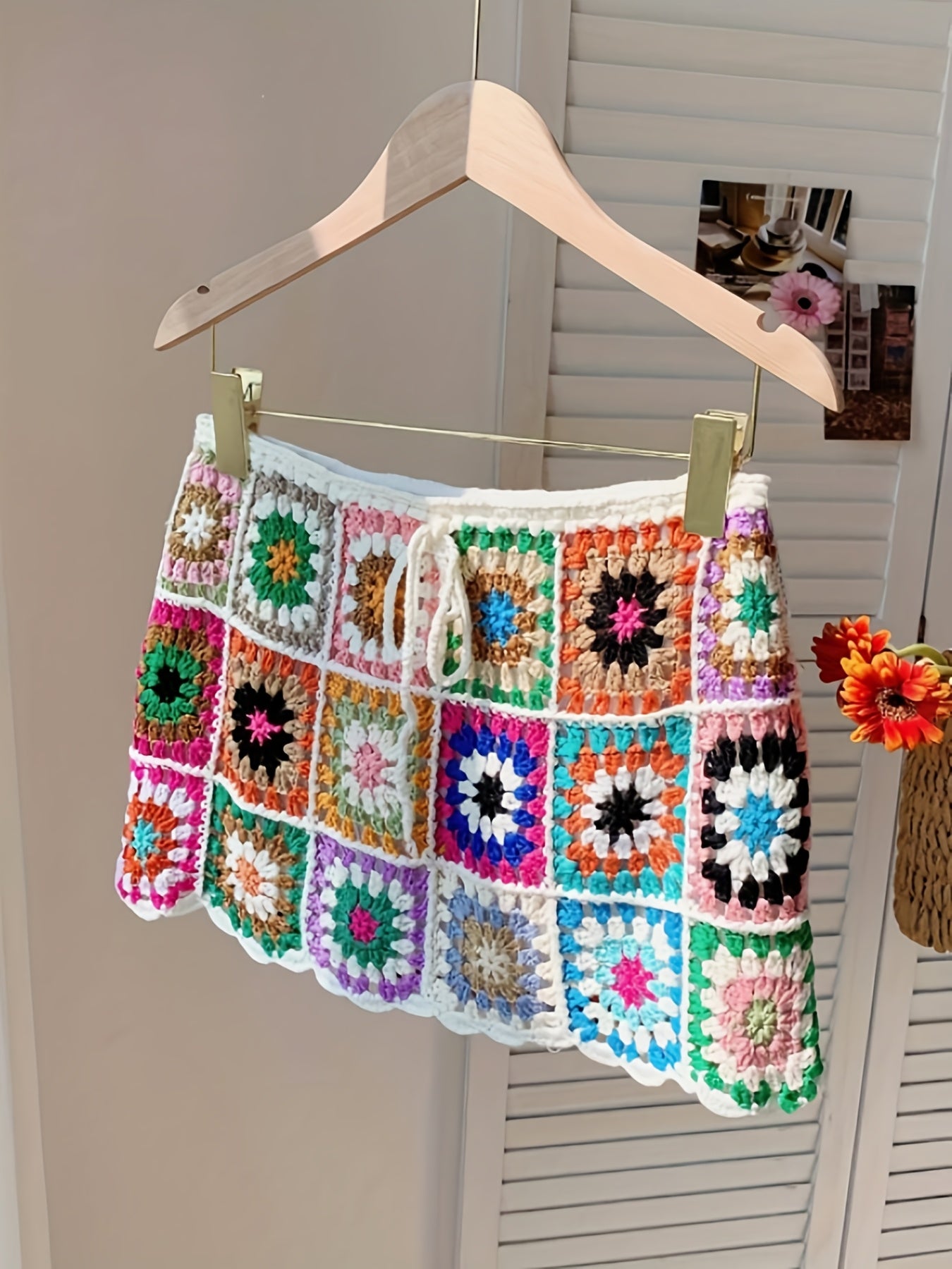 Women's Elegant Geometric Crochet Beach Skirt - High-Waisted Semi-Sheer Lace Lattice Design with Adjustable Drawstring Waist, Lightweight Summer Vacation Dress for Poolside & Casual Outings, Beach Dresses, Handcrafted Appearance