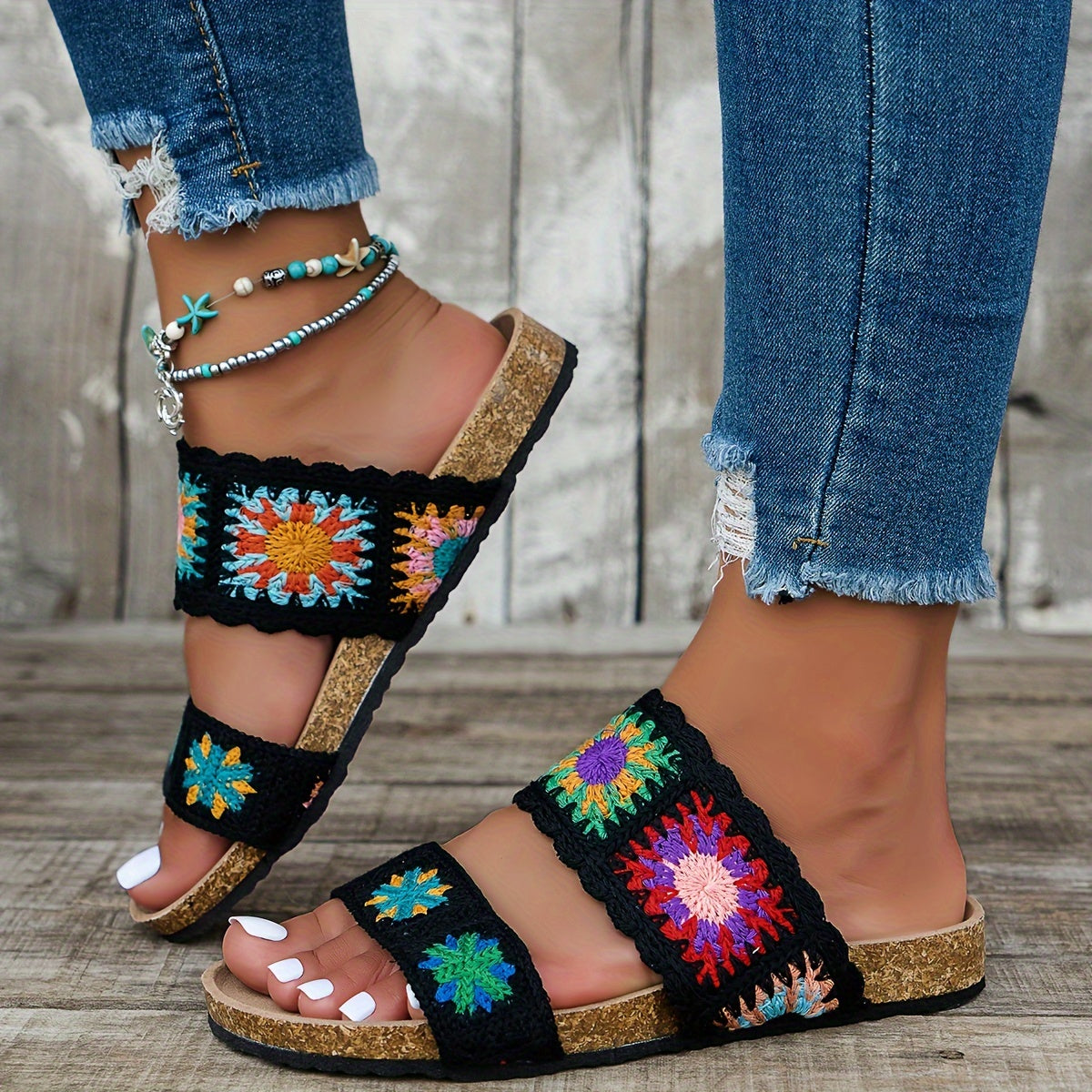 Women's Black Apricot Knitted Cute Floral Double-V Straps Round Toe Open-Toe Slip-On Fashionable Versatile Flat Slippers with Non-Slip Wear-Resistant Large Size Home Shoes Suitable for Vacation Travel Bohemian Style Sandals
