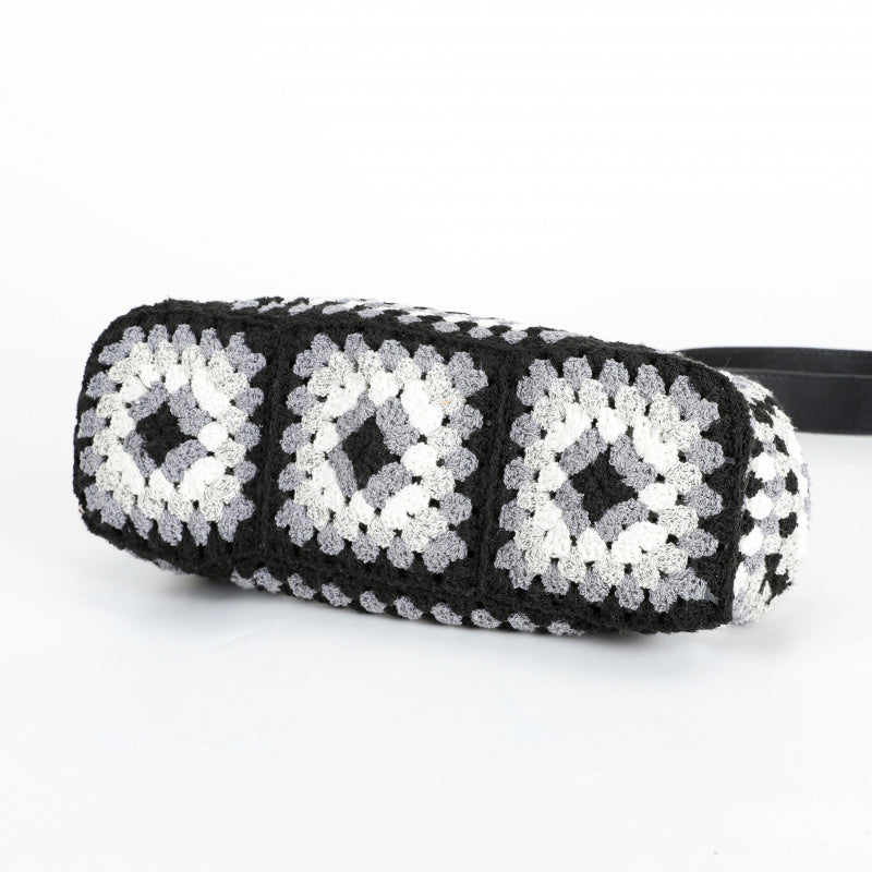Vintage Handmade Black and White Crocheted Wooden Handle Crossbody Bag Leather Long Shoulder Strap+Metal Fasteners Mori Artistic Woven Bag