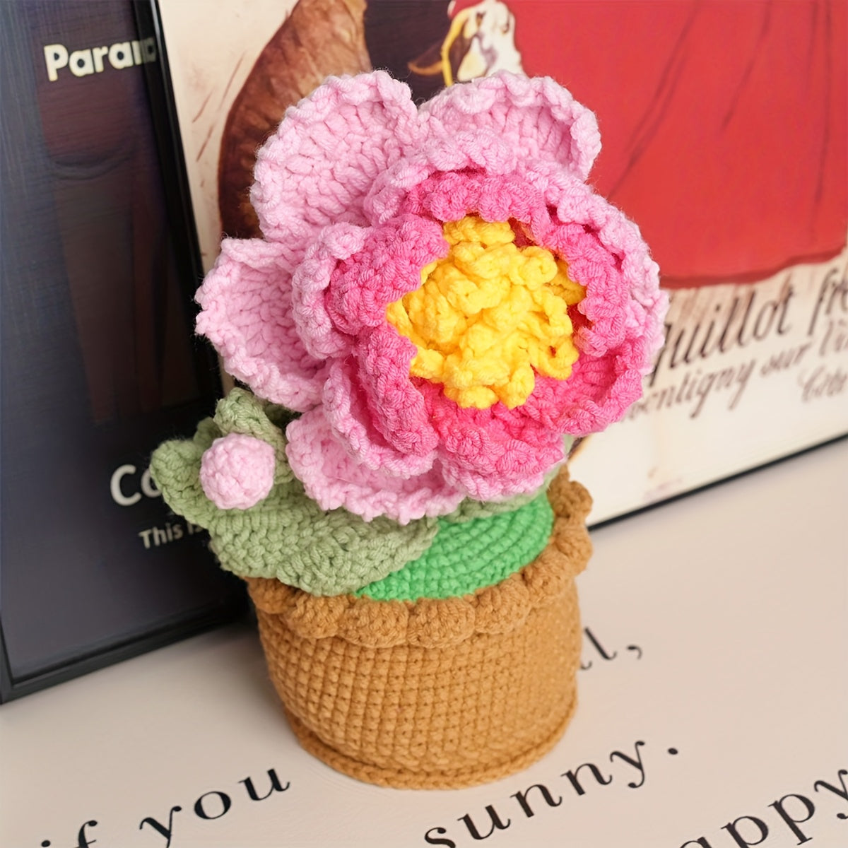 1Handwoven Peony Potted Plant,Cozy Home Decor,Wedding Favor Gifts,Suitable for Office、Living Room、Bedroom - Gift for Wife、Mother、A thoughtful gift for my girlfriend(Birthday、Christmas、Thanksgiving Day、Valentine's Day)
