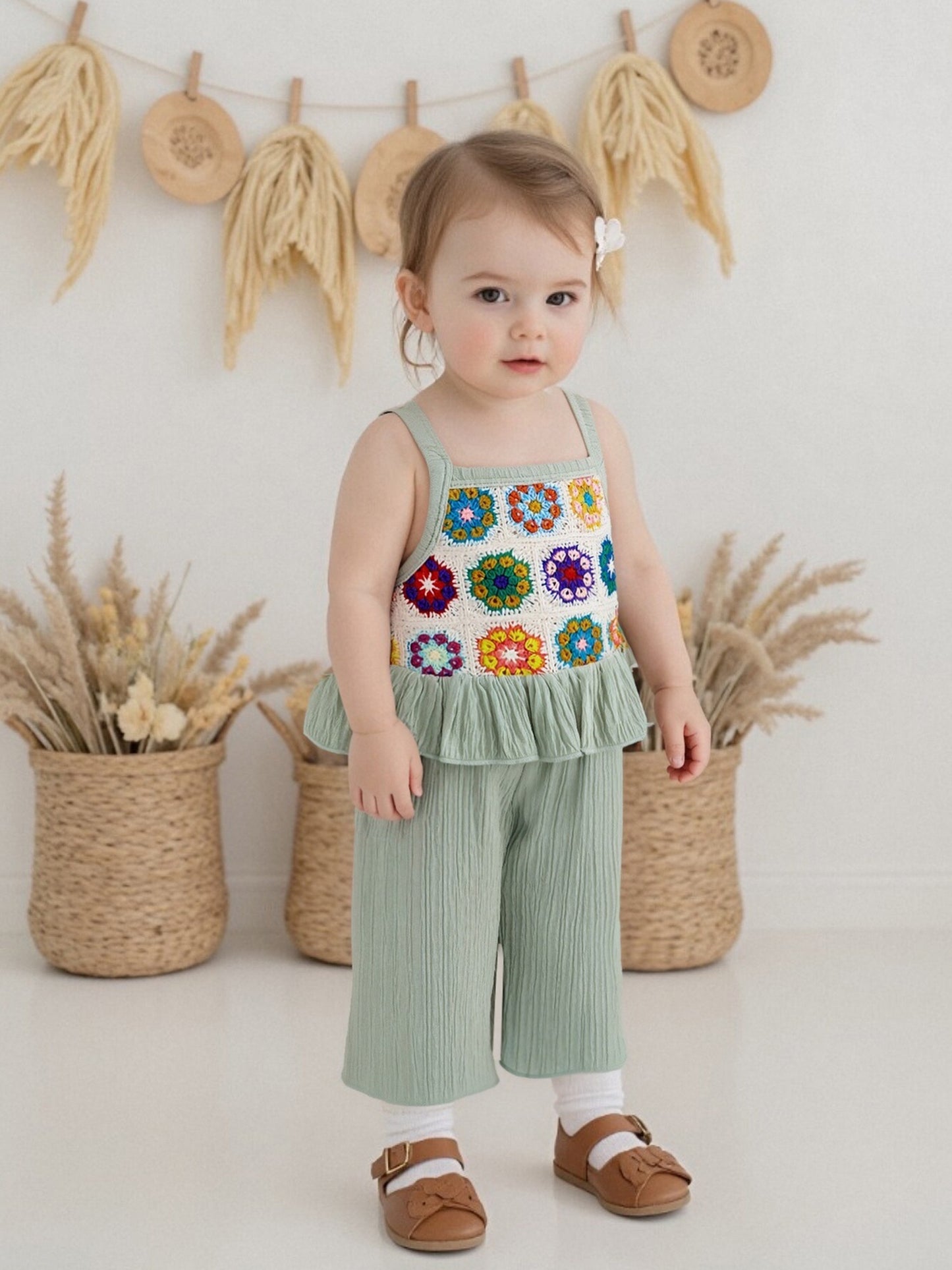 2pcs Boho Youngsters' Sleeveless Floral Crochet Knitted Ruffle Tank Cami Top & Wide Leg Pants Set - Elastic Waist, Linen Blend, Perfect for Summer Beach Outfits, Youngsters' Clothing | Floral Pattern Top | Crochet Knitted Fabric, Youngsters Clothes, for O