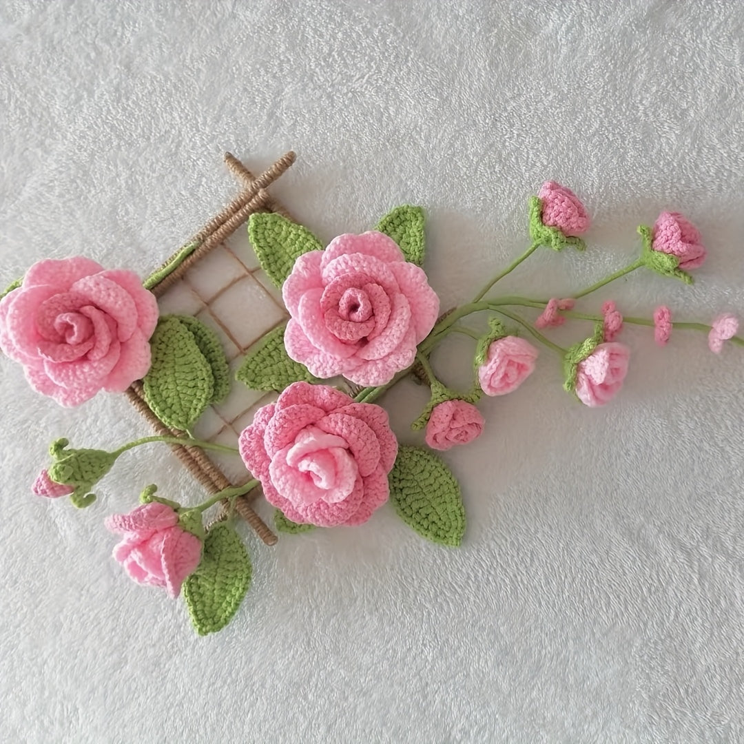 1Bohemian Crochet Flower Decorative Wall Hanging Set,DIY Interesting Spring Pink Floral Home Decor,Knitted Rose Artificial Flower Wall Hanging Decoration,Gift for Family、Friends、A housewarming gift for a colleague's new home