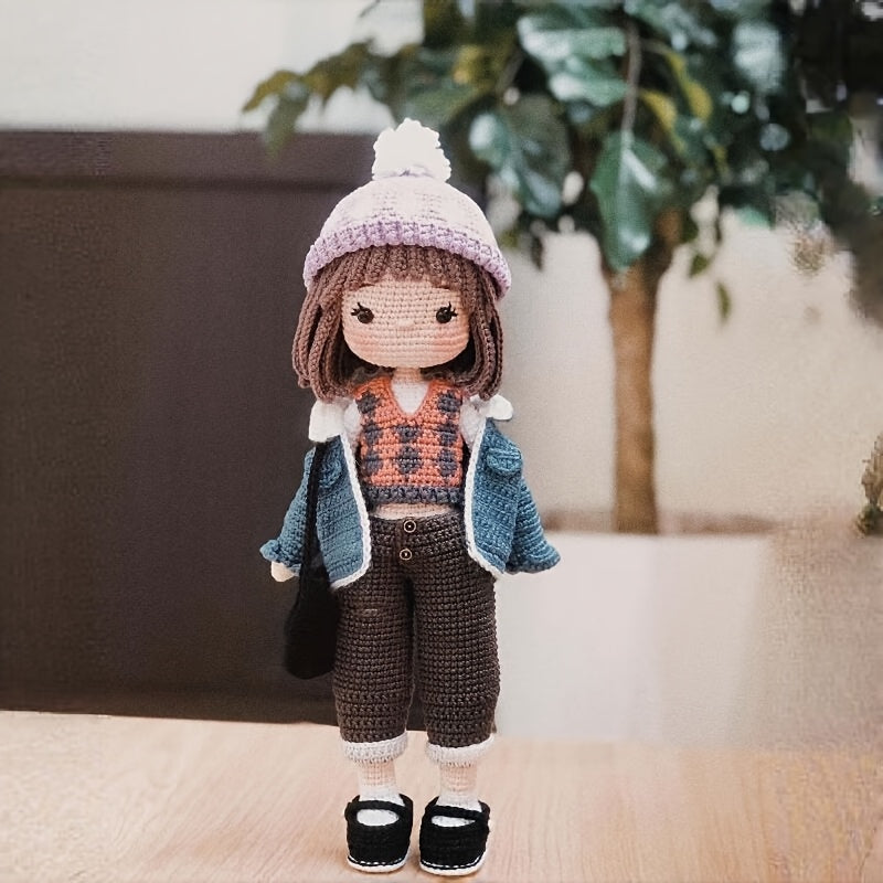 7pcs Crochet Kit for Beginners - Cool Girl in Denim Jacket, Cute Character Crochet Set with Step-by-Step Video Tutorial, Ideal for Backpack Charms, Home Decor, Mother'S Day & Valentine'S Gift, Wedding Display!