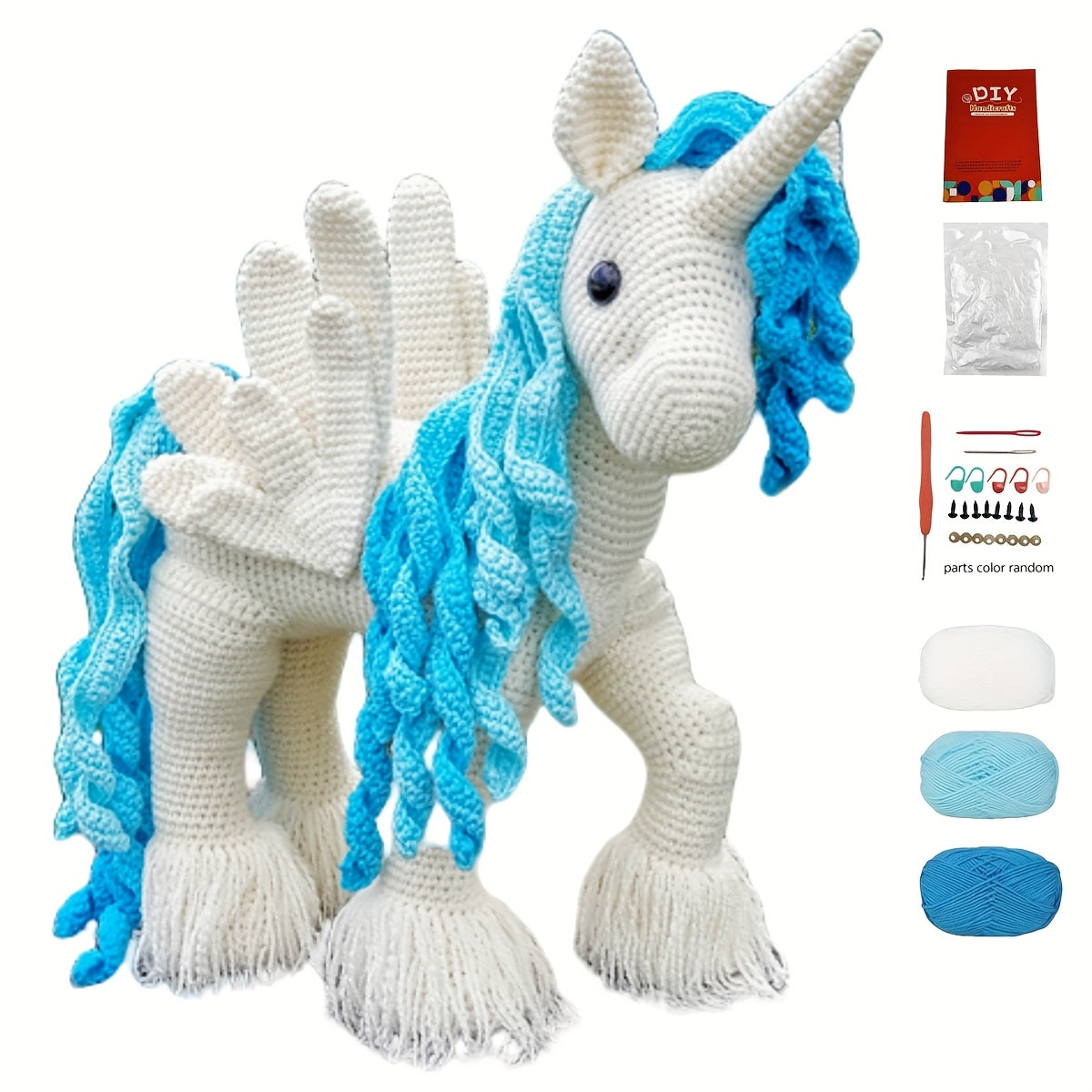 1Beginner Animal Crochet Kit,Crochet Kit for Adults with Step-by-Step Text Tutorial,Blue and White Unicorn DIY Woven Kit,Cute and Fun Spring and Summer Home Decorations,Birthday and Valentine's Day Gifts