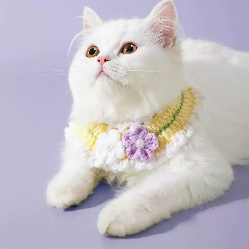Handmade Crochet Pet Bib Collar(For Cats and Small Dogs)- Cute Animal Patterns(Bear、Rabbit、Lion)Pair with Floral and Polka Dot Patterns,Soft yarn material,Bright colors,Oval design is comfortable and easy to identify