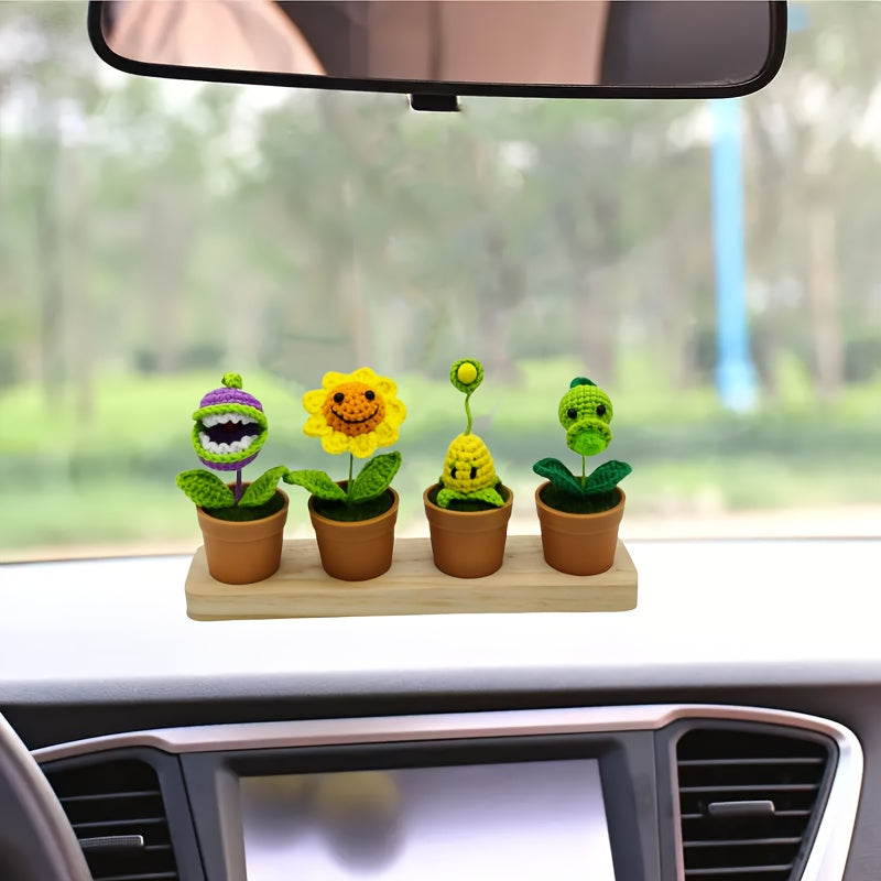 4Set of Artificial Sunflower, Pea, and Corn Plants Crochet Mini Potted Desktop Decorations Birthday Gift Car Home Outdoor Decoration Handicrafts Car Dashboard Hanging Decoration
