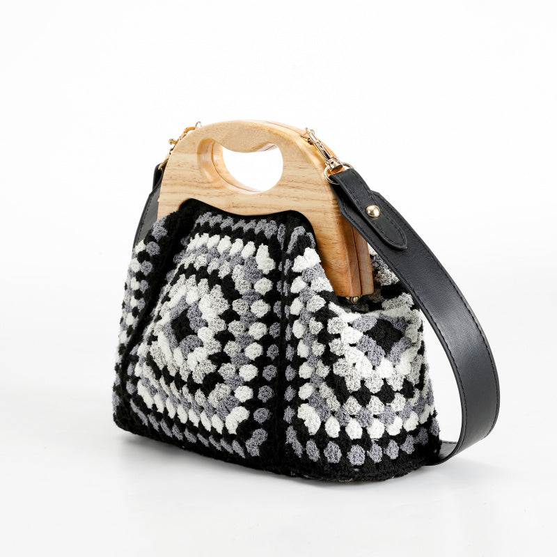Vintage Handmade Black and White Crocheted Wooden Handle Crossbody Bag Leather Long Shoulder Strap+Metal Fasteners Mori Artistic Woven Bag