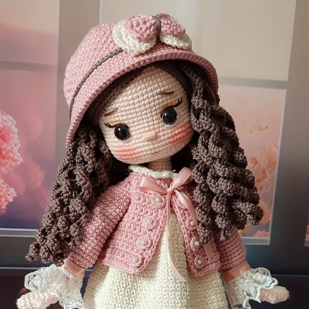 1 Set of Little Girl in Pink Dress with Beautiful Hat, DIY Crochet Material Pack for Adults Includes Yarn, Hook, English Manual and Step-by-Step Video Teaching, Perfect Holiday Gift, Easter, Valentine'S Day, Birthday Present - Unfinished