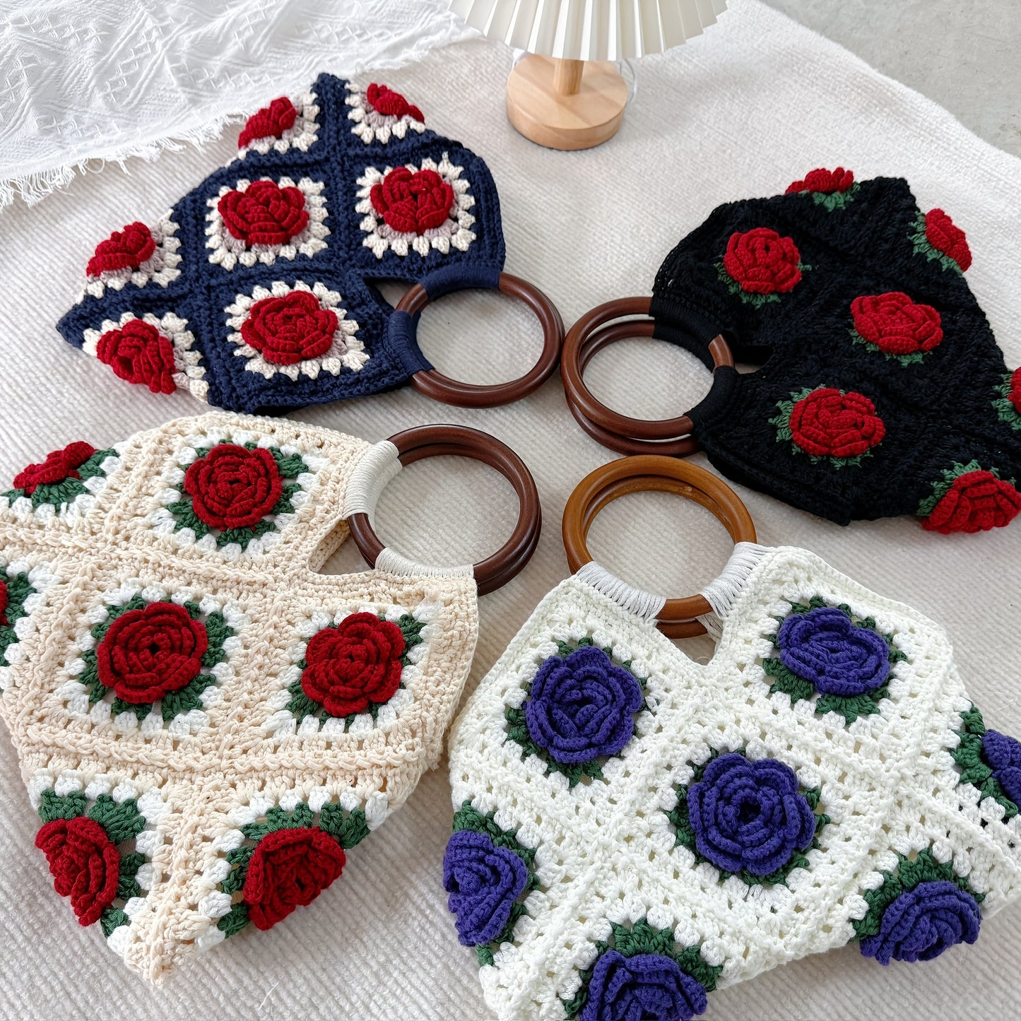Finished Handmade Crochet Bag High-end Vintage Bag Tote Bag Evening Bag 3D Floral Bag