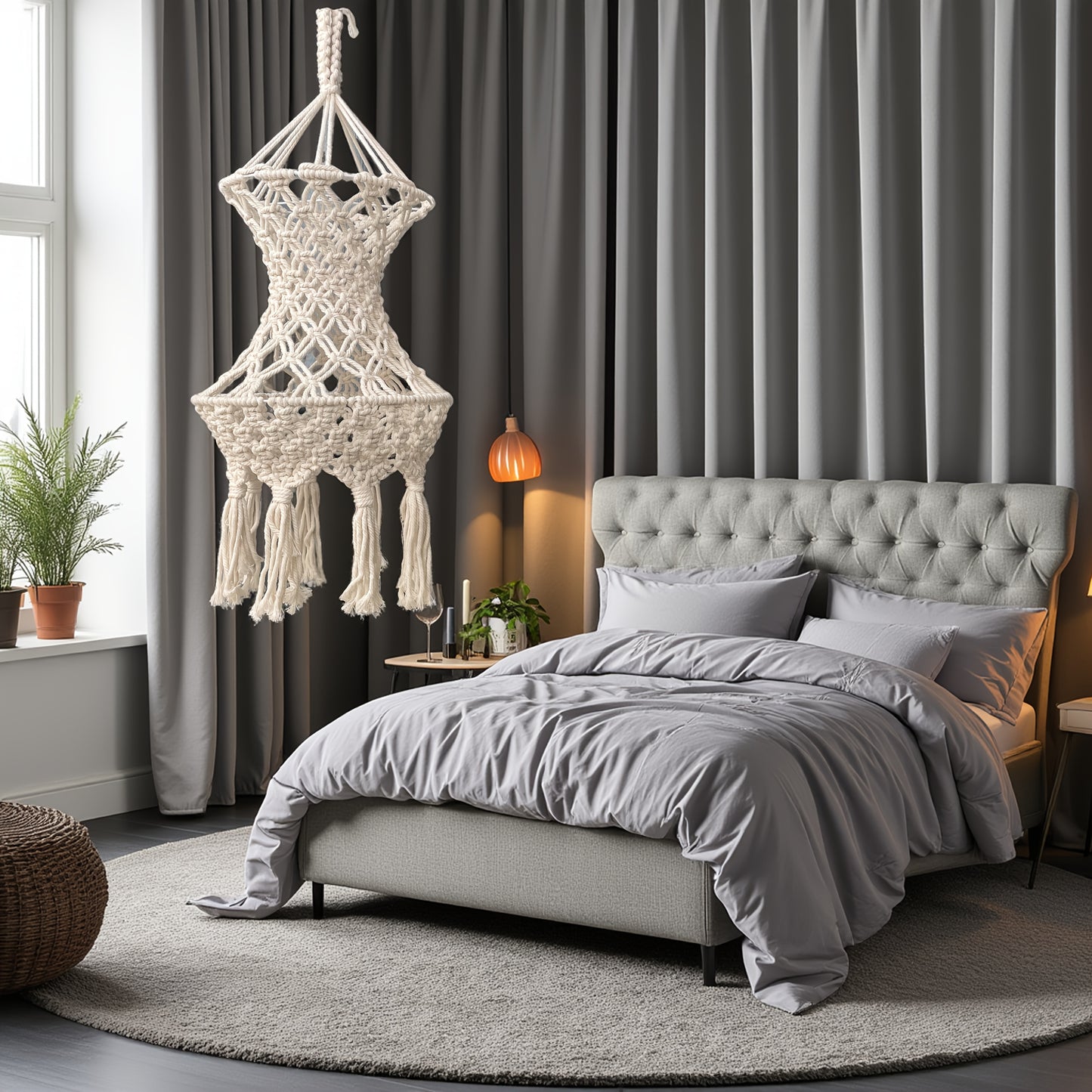 1 Handwoven Nordic Bohemian Macrame Lampshade - Cylindrical Polyester Fiber Decorative Lampshade,With Polished Metal Accents,No Electricity Required,Suitable for Families、Apartment、Housewarming Gift、Comfortable Bedroom Decoration|Nordic Design|Durable cra