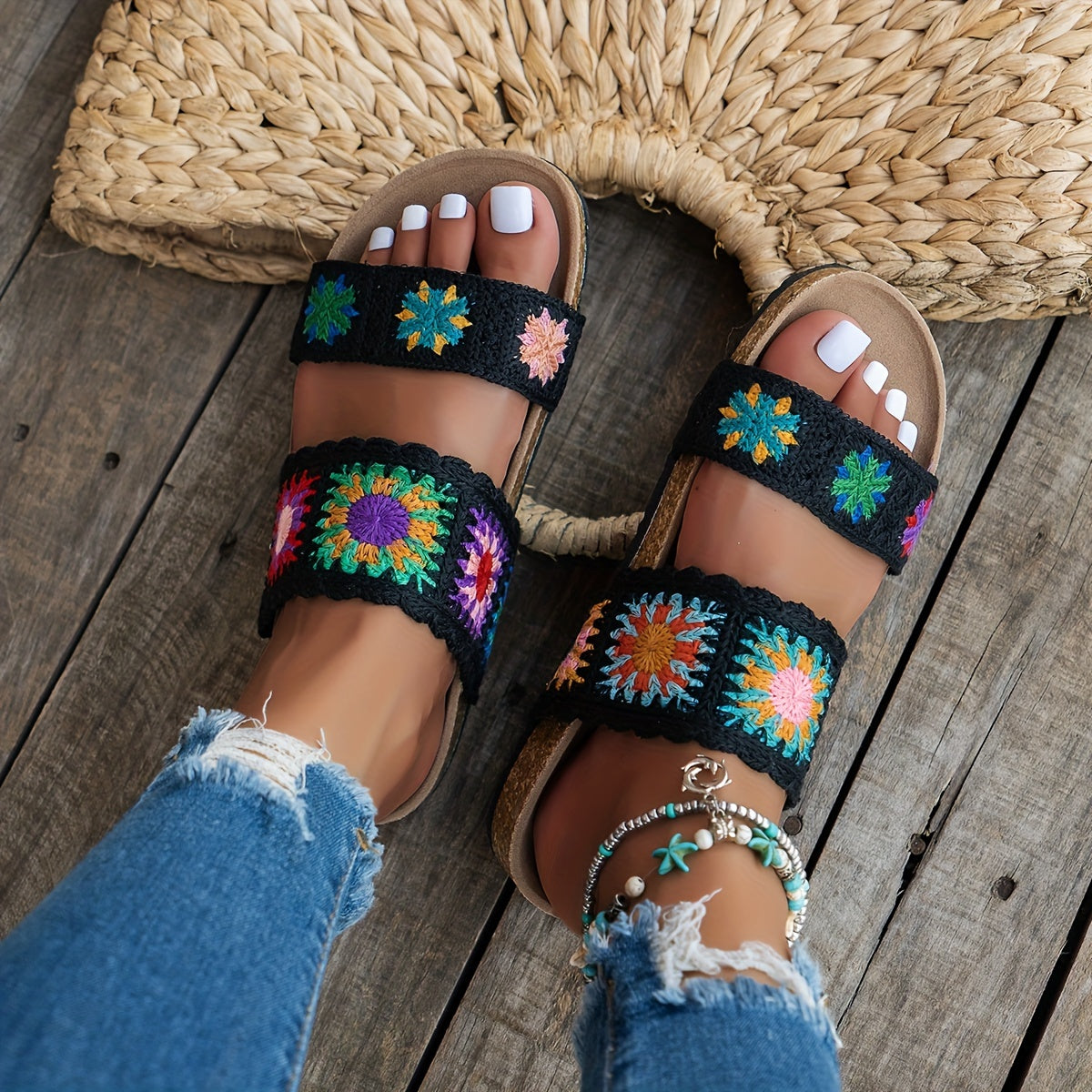 Women's Black Apricot Knitted Cute Floral Double-V Straps Round Toe Open-Toe Slip-On Fashionable Versatile Flat Slippers with Non-Slip Wear-Resistant Large Size Home Shoes Suitable for Vacation Travel Bohemian Style Sandals