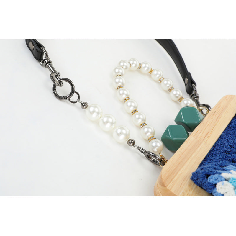 Vintage Handmade Blue Handicraft Crochet Hand Bag Flower Wooden Coin Purse Leather Shoulder Strap Bohemian Woven Handbag