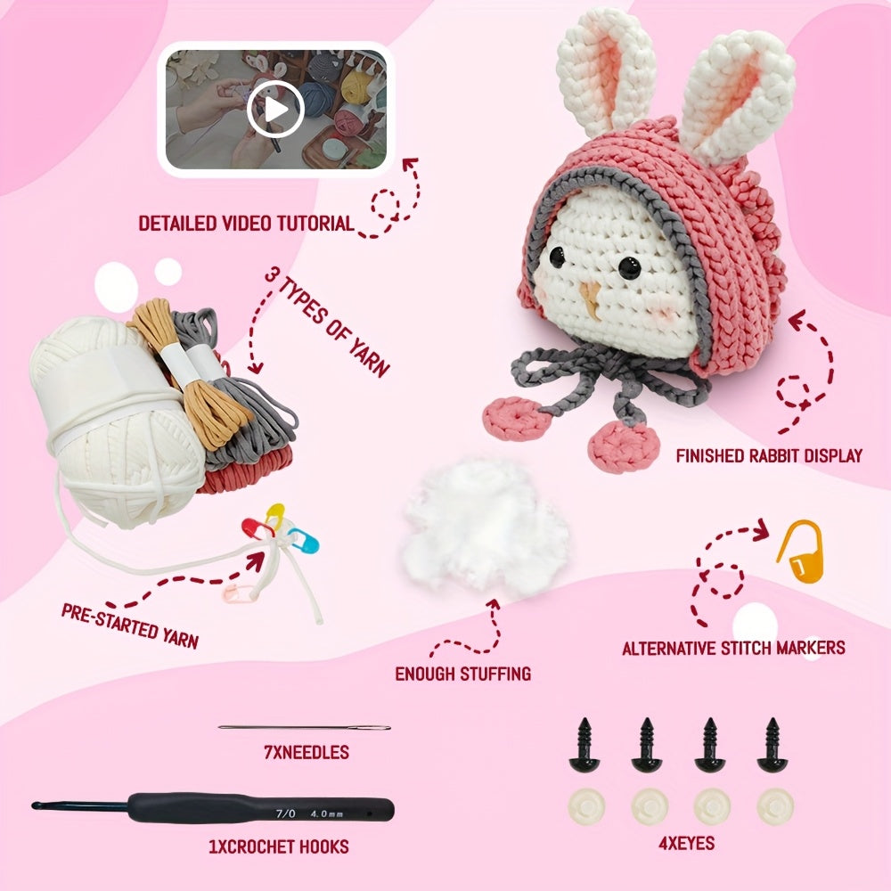 DIY Crochet Kit For Beginners, Handmade Rabbit Doll, Animal Crochet Easy Learn To Starter Knitting Kit And Occasion Fabric Material Pack For Festival, Adults DIY With Instructions And Video Tutorials