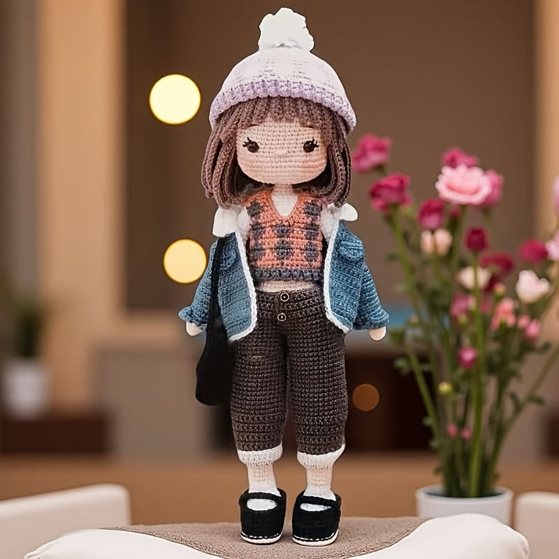 7pcs Crochet Kit for Beginners - Cool Girl in Denim Jacket, Cute Character Crochet Set with Step-by-Step Video Tutorial, Ideal for Backpack Charms, Home Decor, Mother'S Day & Valentine'S Gift, Wedding Display!