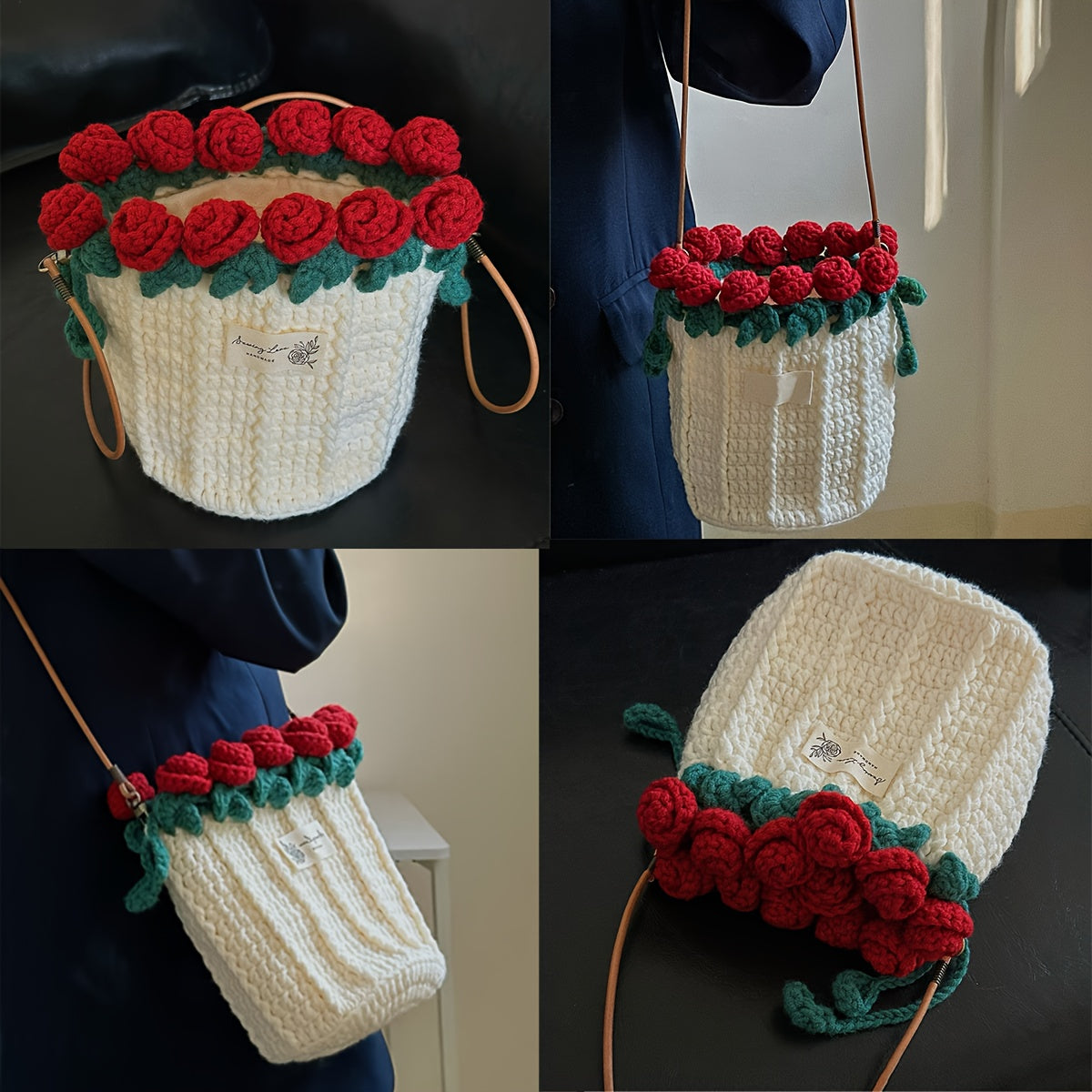 (Finished Product)Handmade Crochet Flower Bag Knitted Rose Bouquet Bag for Women3D Floral Crossbody Bag Knitted Clutch,For parties use/Vacation、Women's Bags for Holiday Gifts and Casual Accessories(Including Gift Bag)