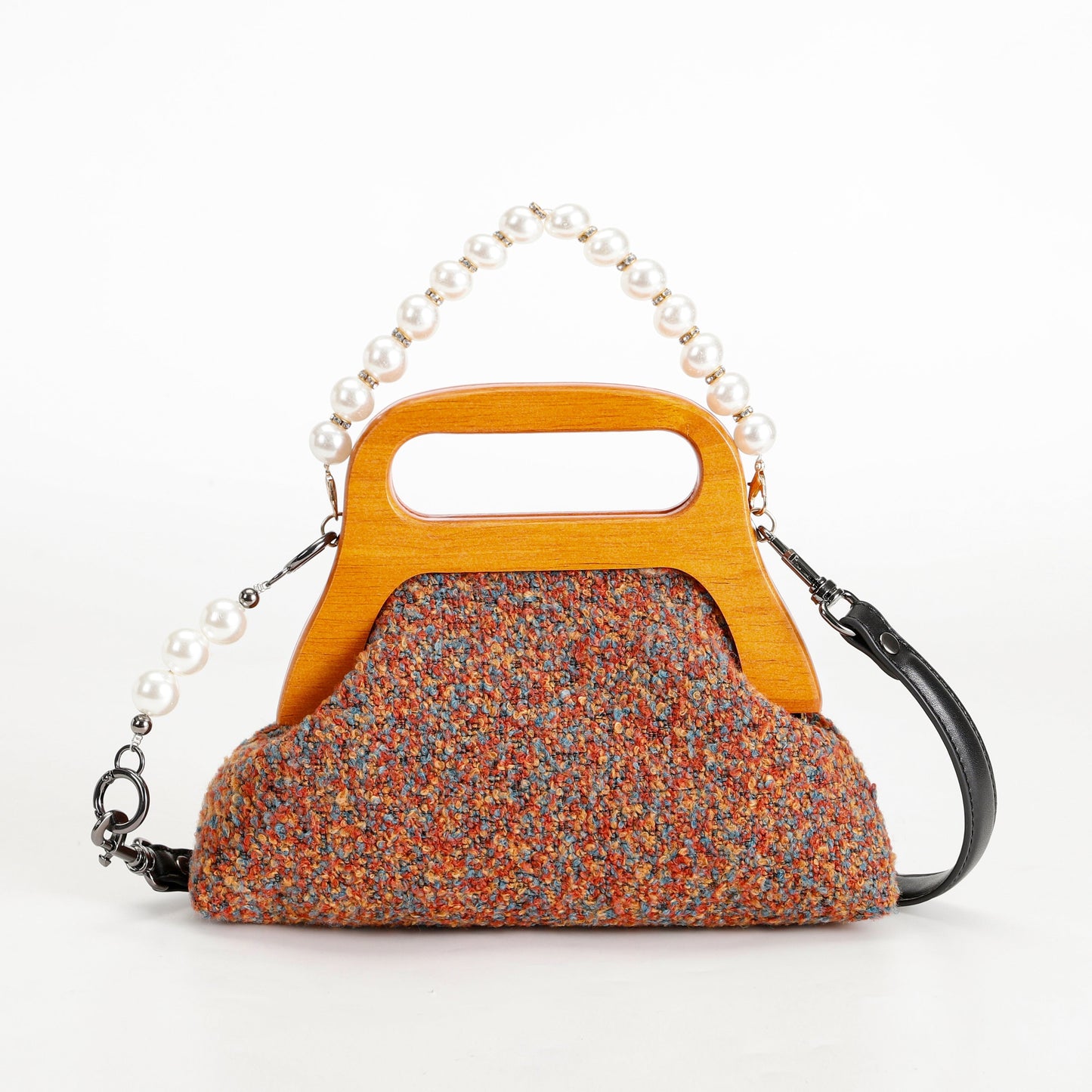 Elegant French Handbag Multicolored Wool Body Wood Handle Detachable Pearl Chain