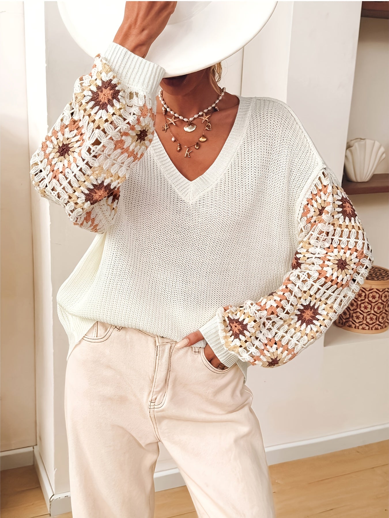 Women's Handmade Crochet V-Neck Sweater - Ethnic Floral Pattern, Openwork Design, All-Season Lightweight Pullover, Elegant Boho Chic Style for Casual & Formal Wear, Versatile Fashion | Intricate Craftsmanship, Crochet Clothes