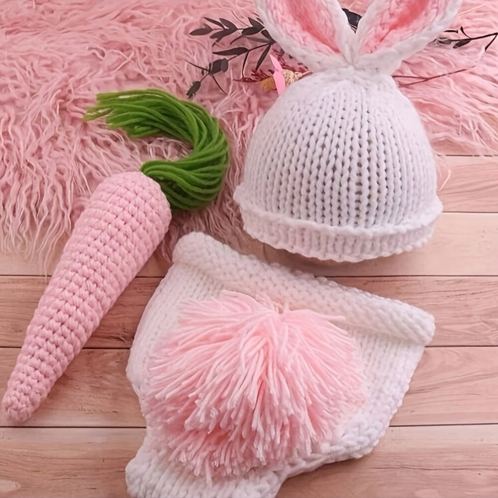 One Set Handmade Cotton Blend Newborn Baby Rabbit Costume,Baby Bunny Photography Props,Crochet Costume with Ears Hat and Carrot Accessories