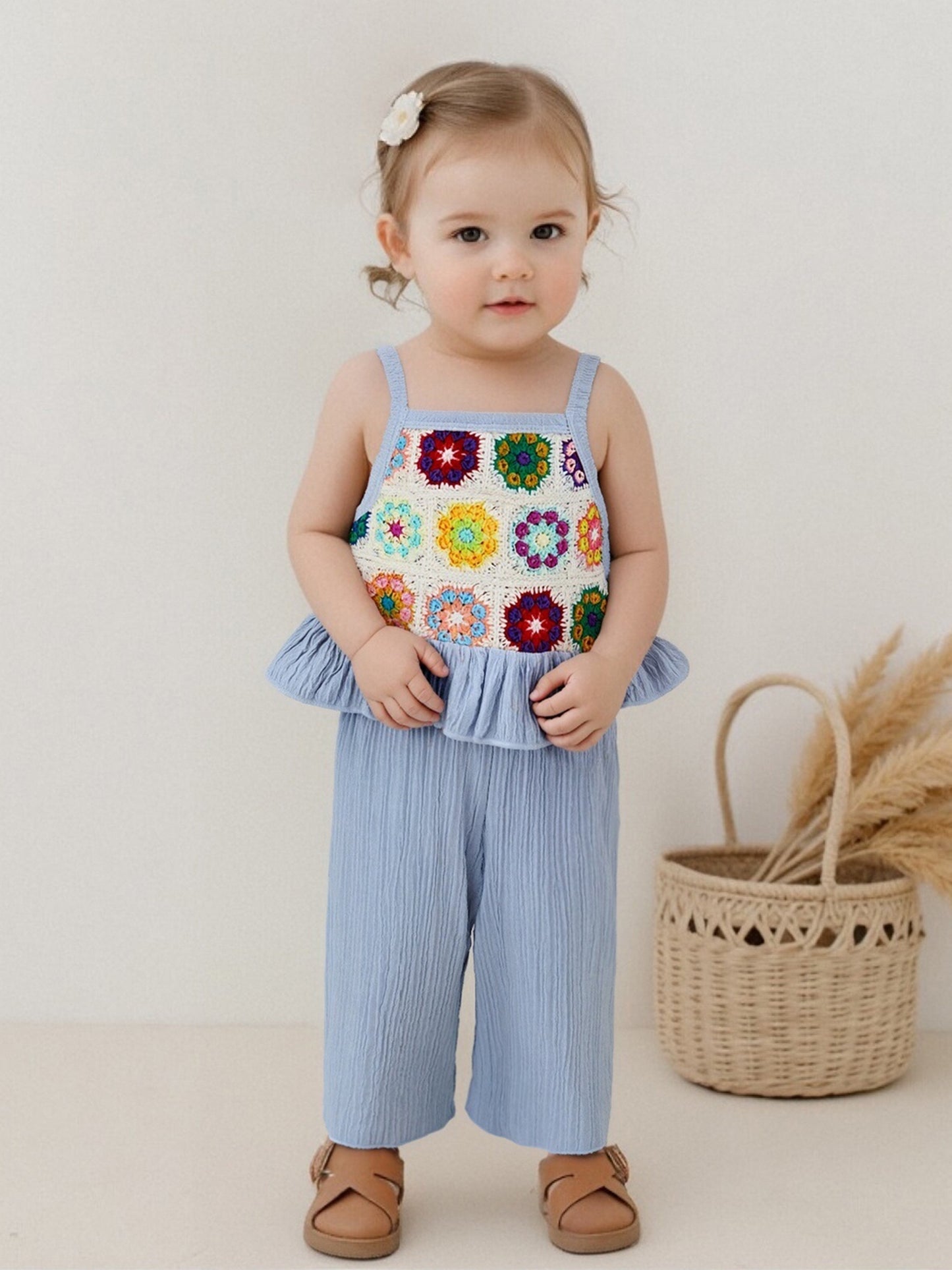 2pcs Boho Youngsters' Sleeveless Floral Crochet Knitted Ruffle Tank Cami Top & Wide Leg Pants Set - Elastic Waist, Linen Blend, Perfect for Summer Beach Outfits, Youngsters' Clothing | Floral Pattern Top | Crochet Knitted Fabric, Youngsters Clothes, for O