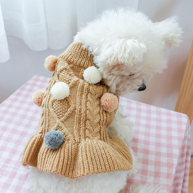 Puppy Pet Clothes Autumn Winter Knitted Warm Sweater Teddy Bichon Small Dog Pullover Yarn Dress-Pleated Wool Dress