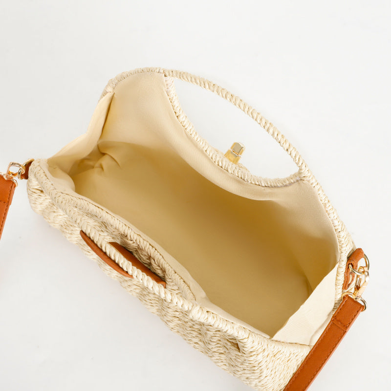 Hand-Woven Tote Natural Straw Shoulder Bag Brown Leather Flip Metal Buckle Portable Crossbody Dual-Use Non-Slip Foot Design