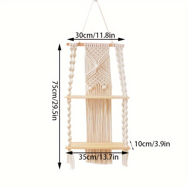 Bohemian Style Handwoven Wall Hanging,Double-layer Floating Rack,Natural Wood Style Home Decor Storage Rack,Suitable for bedroom and bathroom,Plant Display Stand with Rope,Indoor Use