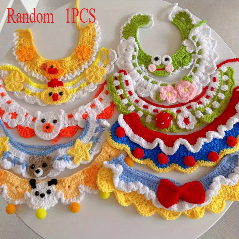Handmade Crochet Pet Bib Collar(For Cats and Small Dogs)- Cute Animal Patterns(Bear、Rabbit、Lion)Pair with Floral and Polka Dot Patterns,Soft yarn material,Bright colors,Oval design is comfortable and easy to identify