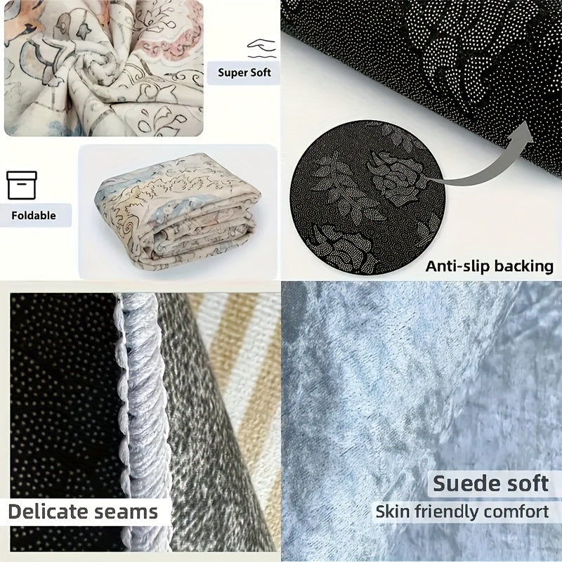 1pc Bohemian Crochet Lizard & Floral Design Velvet Carpet, 850g/m² + 6mm Thick, Polyester Backing, Natural & Stylish for Home Decor, Picnics, Desk, Camping, Room Decoration, Picnic Mat | Floral Pattern Mat | Durable Floor Ma