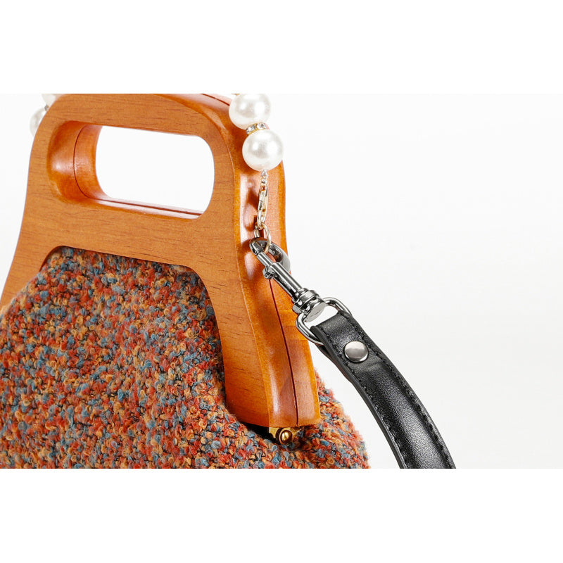 Elegant French Handbag Multicolored Wool Body Wood Handle Detachable Pearl Chain