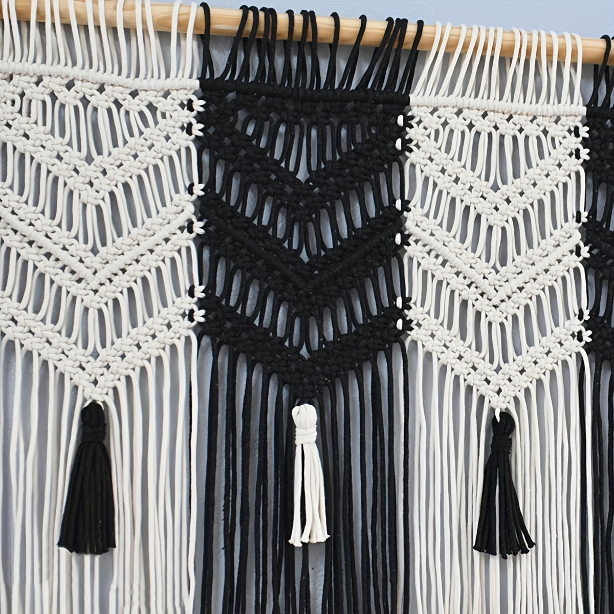 1Bohemian Style Black and White Contrast Fiber Art Tapestry with Tassels Flag Background Wall Hanging Handwoven Living Room Bedroom Bedside Fabric Partition Door Curtain - Does not include wooden poles
