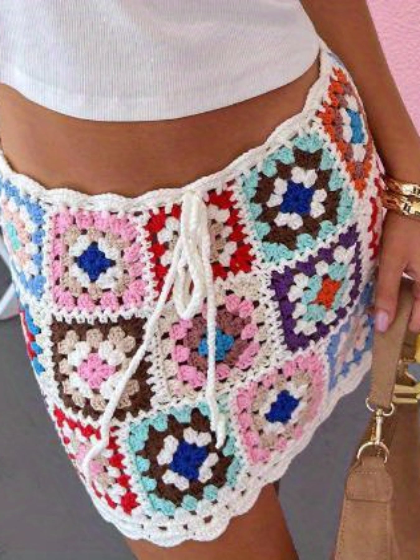 Handmade Crochet Mini Skirt with Colorful Geometric Pattern - Adjustable Drawstring, Closed Side, Flowy Design for Women | Ideal for Summer Beach Vacations, Beach Vacation Attire | Playful Pattern Skirt | Stylish Knitwear