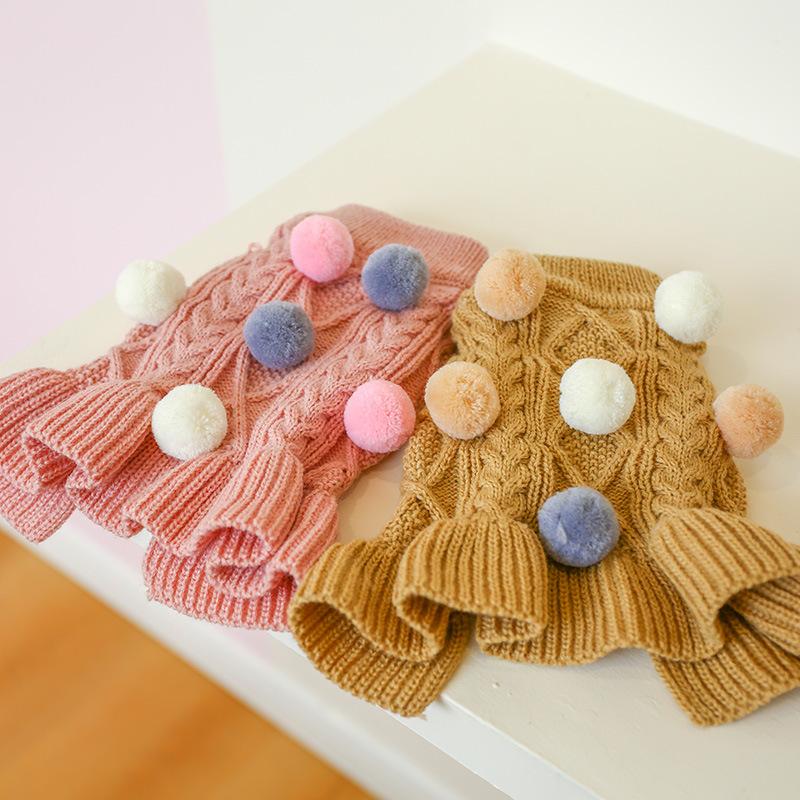 Puppy Pet Clothes Autumn Winter Knitted Warm Sweater Teddy Bichon Small Dog Pullover Yarn Dress-Pleated Wool Dress