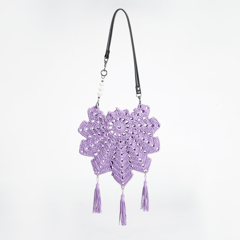 Handmade Crocheted Snowflake Hollow Crossbody Bag Pearl Tassel Leather Shoulder Strap Ethnic Style Retro Shoulder Bag