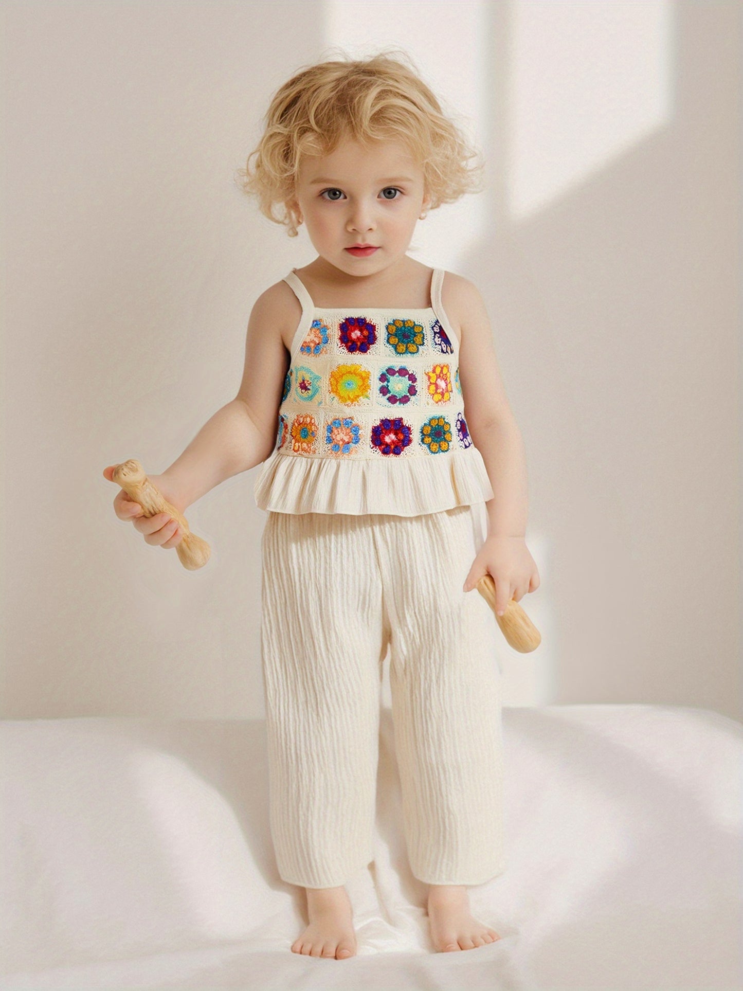 Toddler Girl 2 Decorative Flowers in Bulk/Fruit Rolled Hem Tank Tops and Elastic Pants Set Baby Summer Outfits,Outdoor