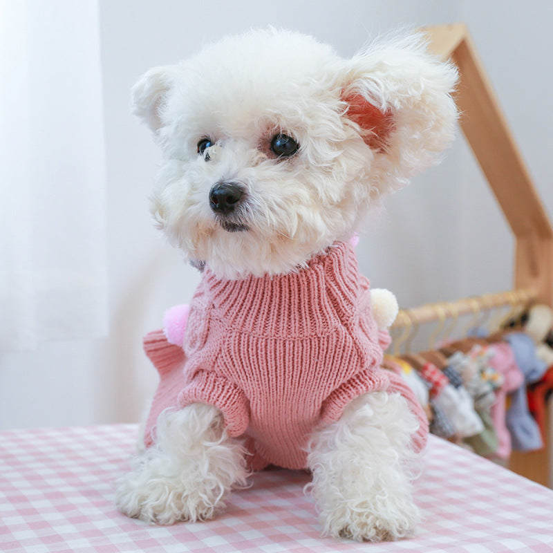 Puppy Pet Clothes Autumn Winter Knitted Warm Sweater Teddy Bichon Small Dog Pullover Yarn Dress-Pleated Wool Dress