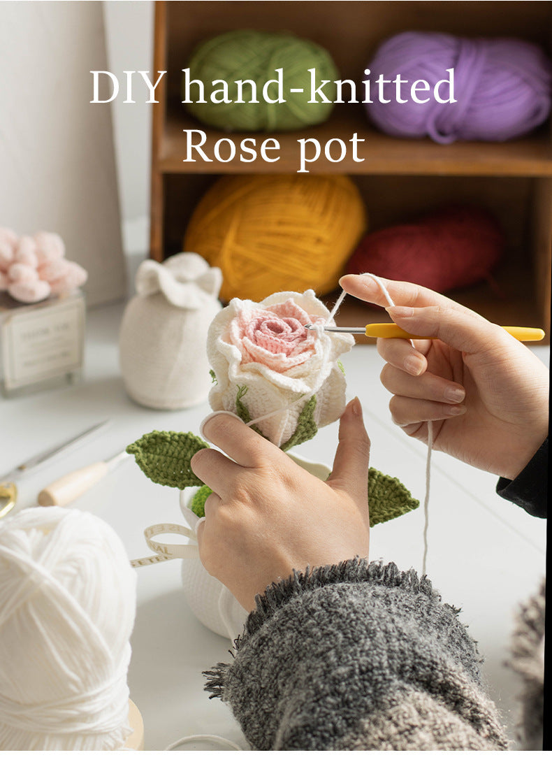 Finished Handmade Yarn Crochet Rose Artificial Flower Potted Plant Office Desk Potted Plant Knitted Flower Ornament