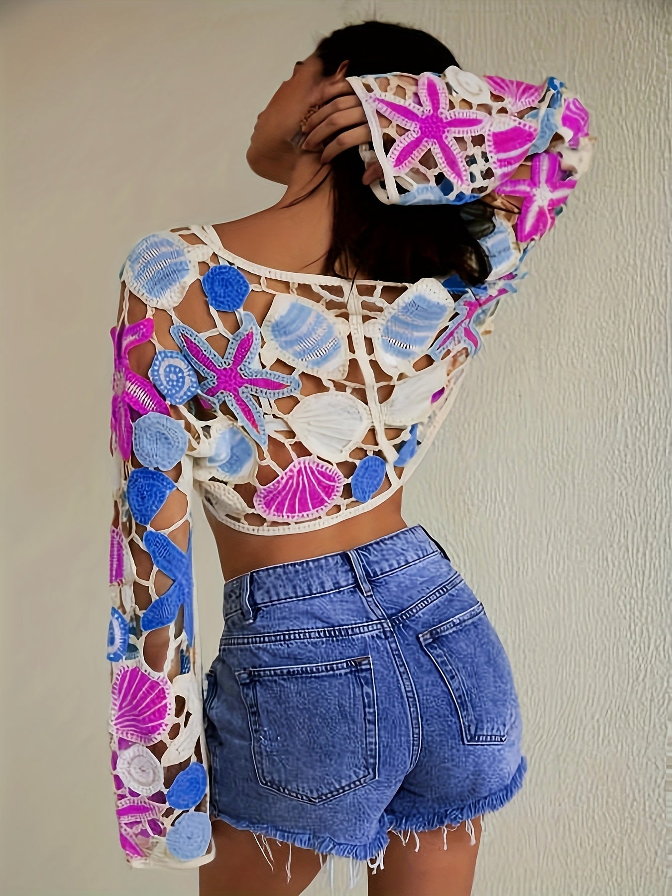 Women'S Bohemian Crochet Crop Top with Starfish & Seashell Design - V-Neck, Non-Stretch Fabric, Hollow Detail, Fashionable Beachwear with Drawstring Detail, Beach Coverup | Crochet Crop Top | Non-Stretch Fabric