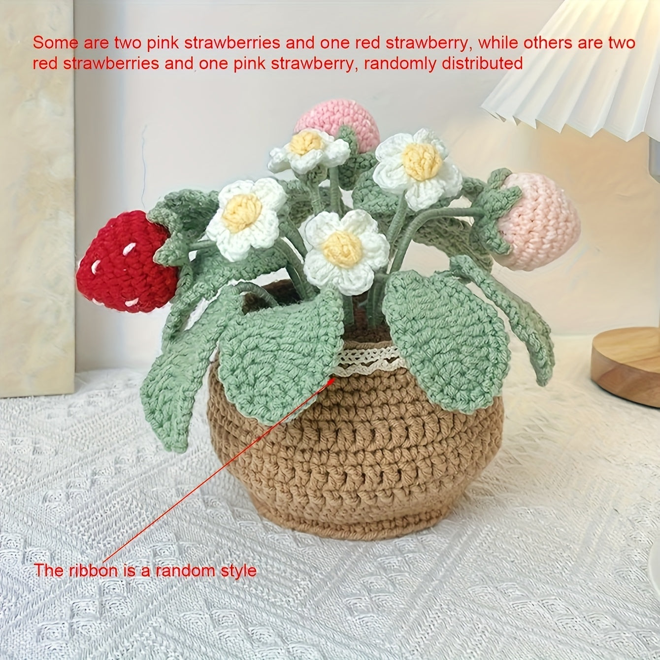 1Handwoven Strawberry and White Flower Pot Plant - Eternal Fabric Flowers,Lucky Strawberry for Car and Home Decoration