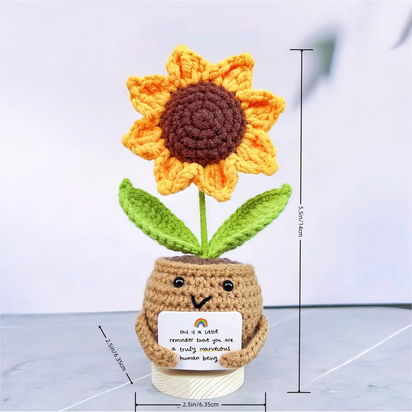 Handmade Crochet Sunflower Doll with Inspirational Card - Fabric Positivity Gift for Coworker, Friend, Teacher, Sister, Mom - Christmas, Birthday, Thank You Present for Women & Men - Home Decor No Electricity Needed, Crochet Doll