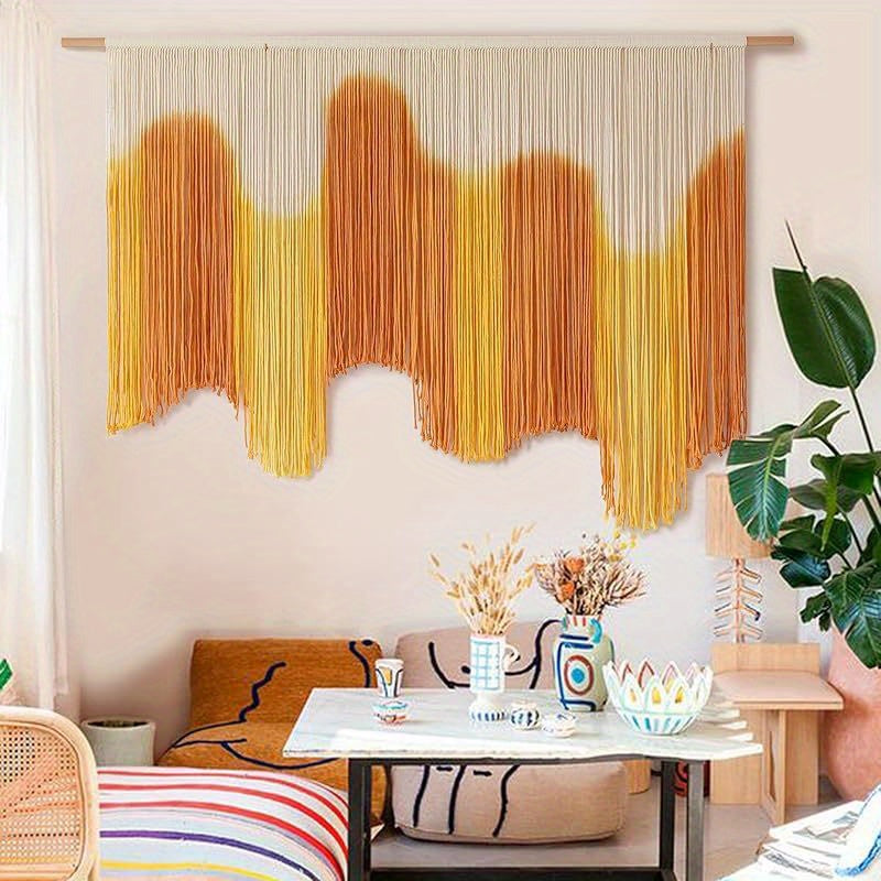 【Family relaxation】Large Bohemian Macrame Wall Hanging Canvas - Stripes、Gradient Blue and Black Fiber Art,Perfect for modern home decor,51Inches Wide x 31Inches Long,Cotton material,Bohemian Home Decor|Striped Pattern|Handmade Textile Products,McLamy Wall