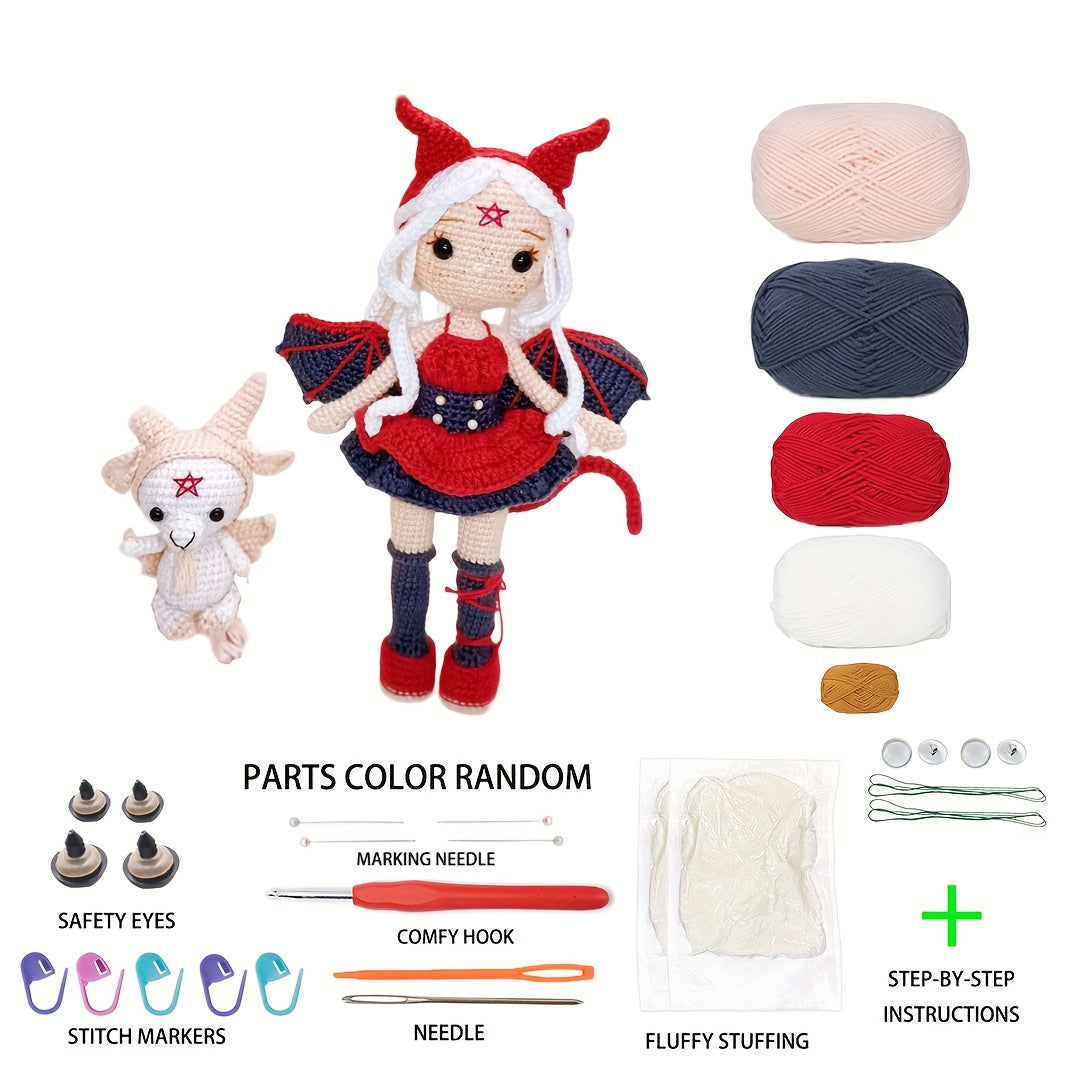 2Pieces/Set,Amigurumi Adult Crochet DIY,Red and White Witch and Little Devil,Suitable for Beginners,Includes all necessary materials for crochet,Paper English Basic Knitting Tutorial Manual,Exquisite Gift Bag,Healing Character Figurines,Can be used as a k