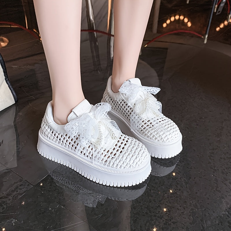 Women'S Breathable Crochet Mesh Sneakers - Low-Top Lace-Up Casual Shoes with Thick Rubber Sole, White & Golden Accents, All-Season Comfort for Casual Attire, Ladies Sneakers, Comfortable Footwear, Stylish Bow Detail, Durable Footwear