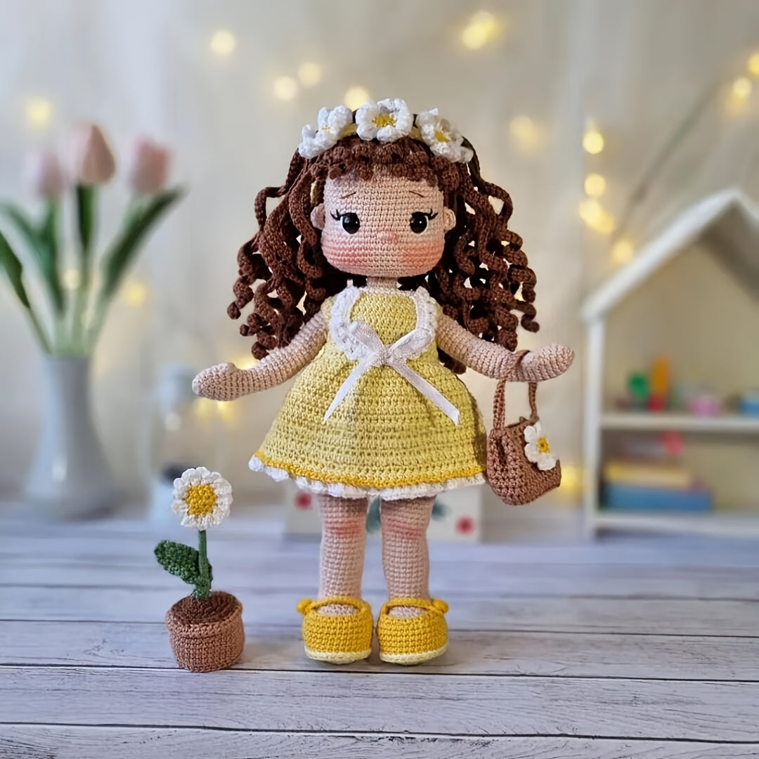 1pc/set, Amigurumi adult crochet DIY, hand-knitted yellow dress little flower princess, suitable for beginners, including everything needed for crochet, paper English basic knitting tutorial manual, exquisite gift packaging bag, healing character figure o