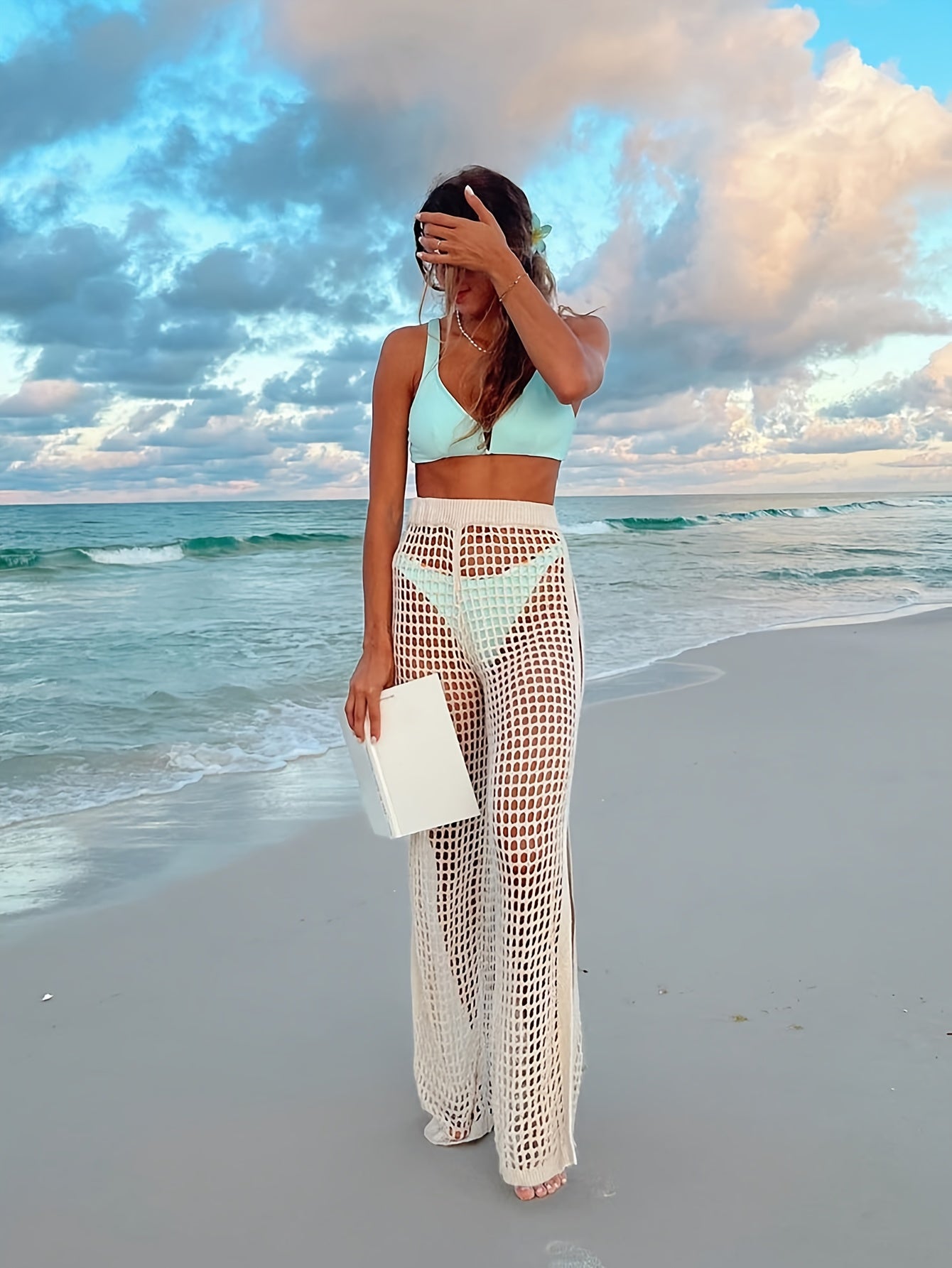 Women'S Beach Vacation Cover-Up Pants with Hollow Cut, Drawstring, Stretchy Bohemian High-Waisted Crochet Wide-Leg Trousers.