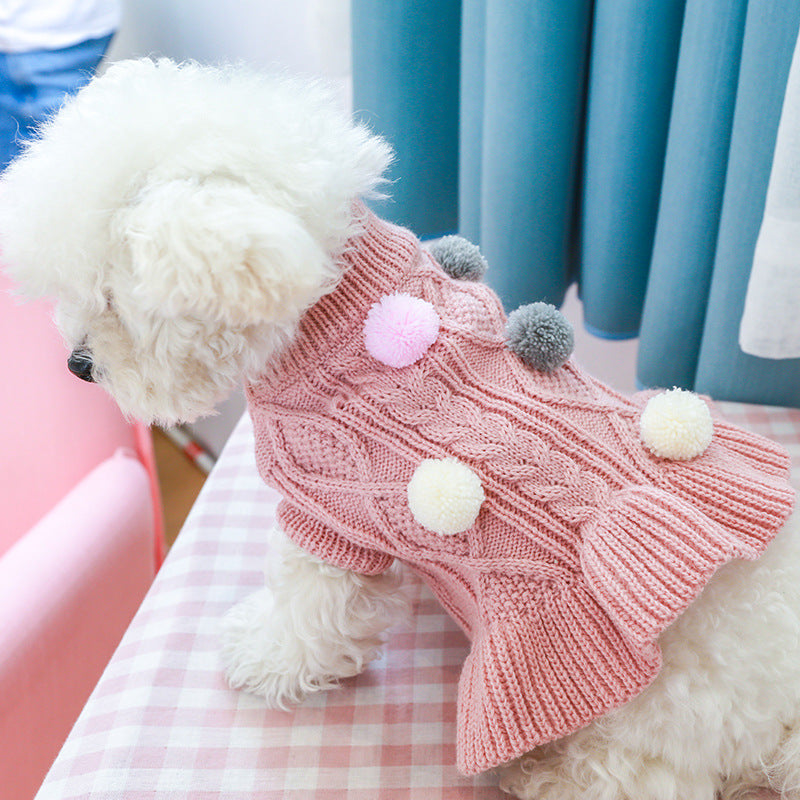 Puppy Pet Clothes Autumn Winter Knitted Warm Sweater Teddy Bichon Small Dog Pullover Yarn Dress-Pleated Wool Dress