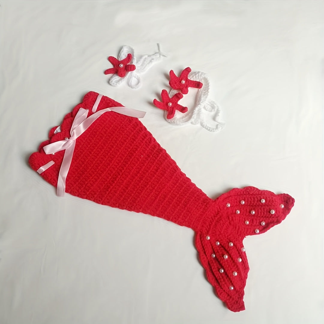 Children's Mermaid Theme Knitted Set - 3 Set,Including the train skirt、Bikini Top and Starfish Accessories,Very suitable for taking photos、Performance and festive costume,Red and magenta,Handmade Crochet,Photography Props,Holiday Gift