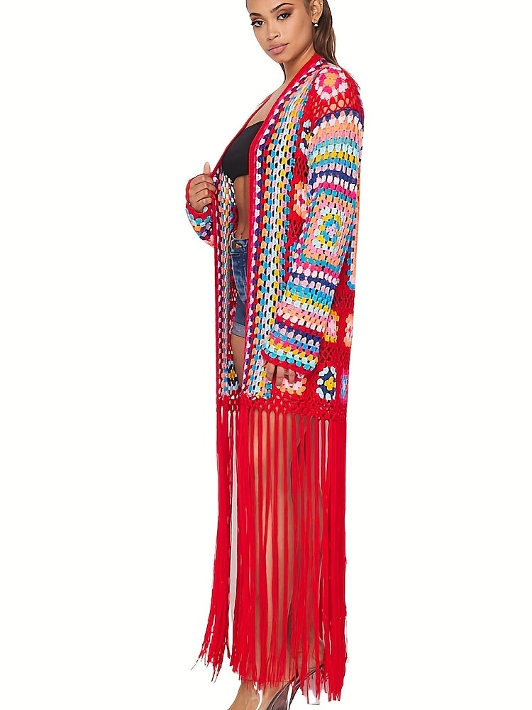 EDOLYNSA Handmade Hollow Crochet Long Sleeve Tassel Women'S Knit Jacket, Elegant Cropped Knit Cardigan, Ethnic Style, Casual, Sweater, Beach Cover-Up A121